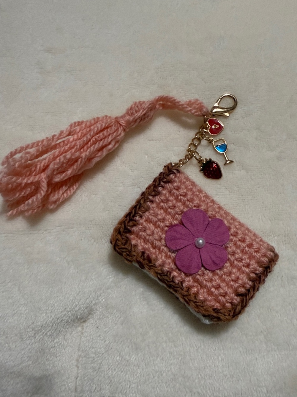 Handmade Pink and Brown Crochet Keychain with Charms